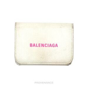 🔴 Balenciaga Logo Trifold Wallet - White Leather Pink